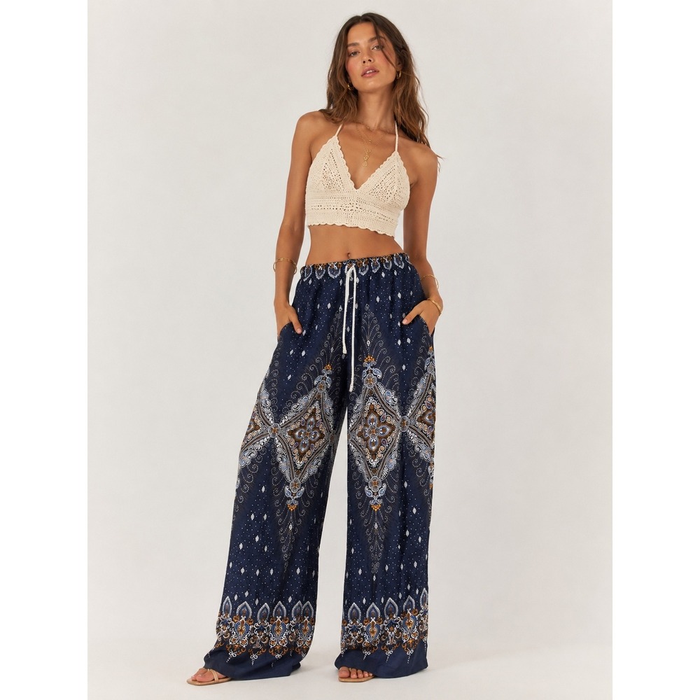 Navy Mandala‎ Paisley Harem Pants Wide Leg Boho Festival Drawstring  Size Small